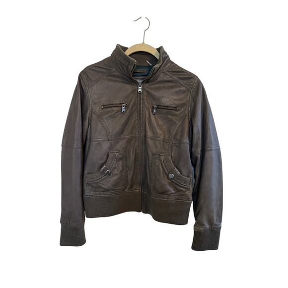 Marc New York Women’s Gray Leather Bomber Jacket Satin Lining Rib Knit Medium - Picture 1 of 6